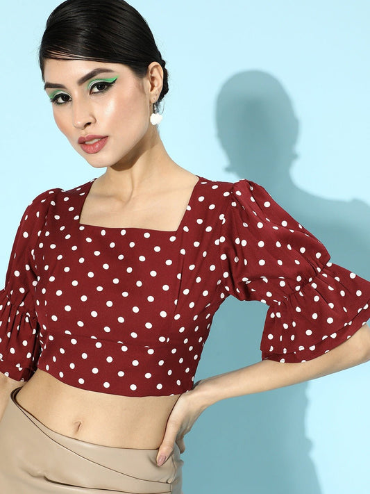 Folk Republic Women Red Polka Dot Printed Square-Neck Crepe Ruffled Crop Top - #folk republic#