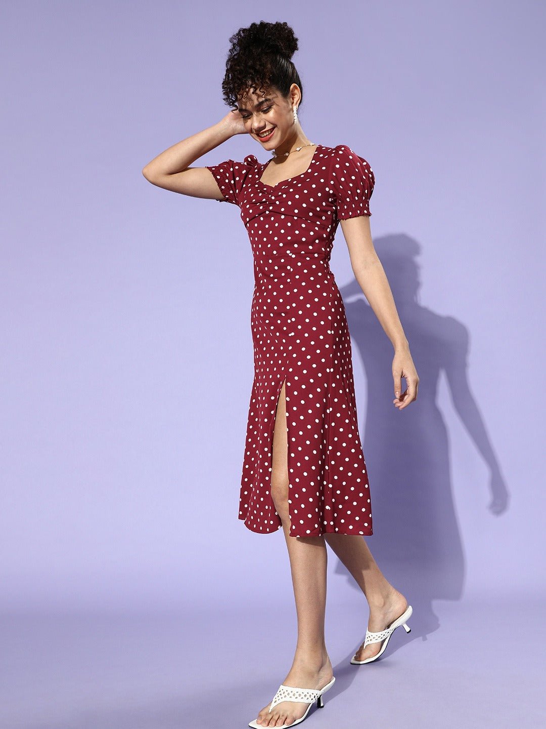 Folk Republic Women Red Polka Dot Printed Sweetheart Neck A-Line Midi Dress - #folk republic#