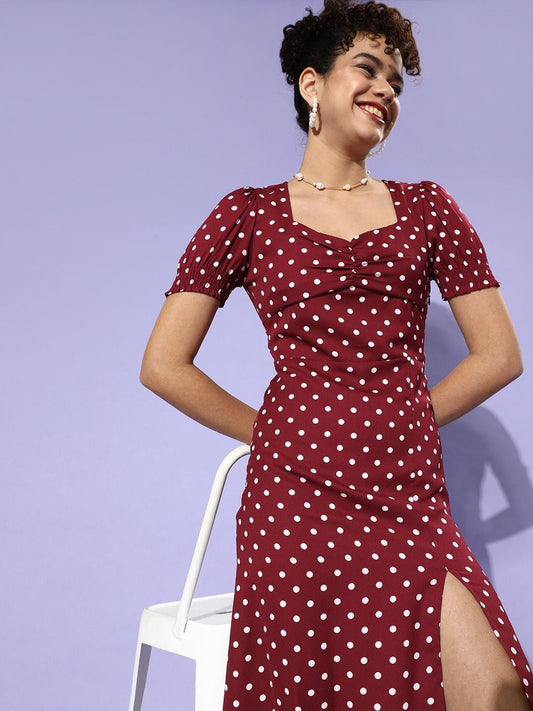 Folk Republic Women Red Polka Dot Printed Sweetheart Neck A-Line Midi Dress - #folk republic#