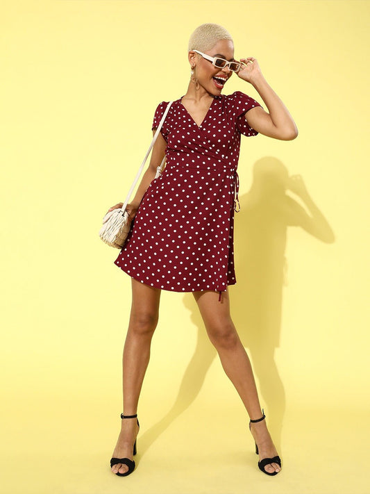 Folk Republic Women Red Polka Dot Printed V-Neck Layered Wrap Mini Dress - #folk republic#