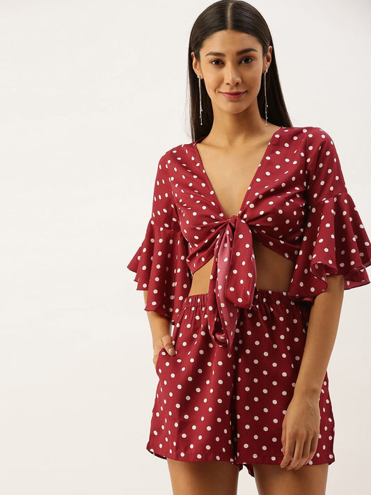 Folk Republic Women Red Polka Dot Self-Tie Crop Top & Shorts Set - #folk republic#