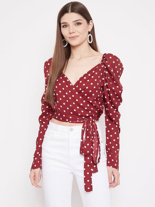 Folk Republic Women Red Puff Sleeve Wrap Polka-Dot Crop Top - #folk republic#