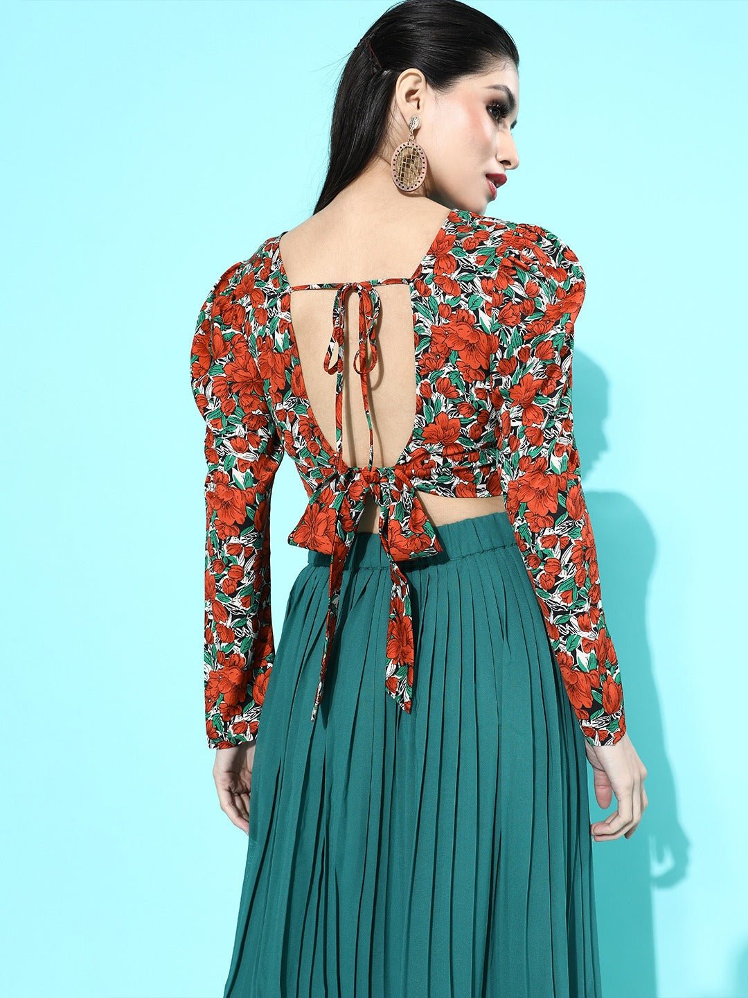 Folk Republic Women Red & Sea Green Floral Printed Round-Neck Styled Back Crop Top - #folk republic#