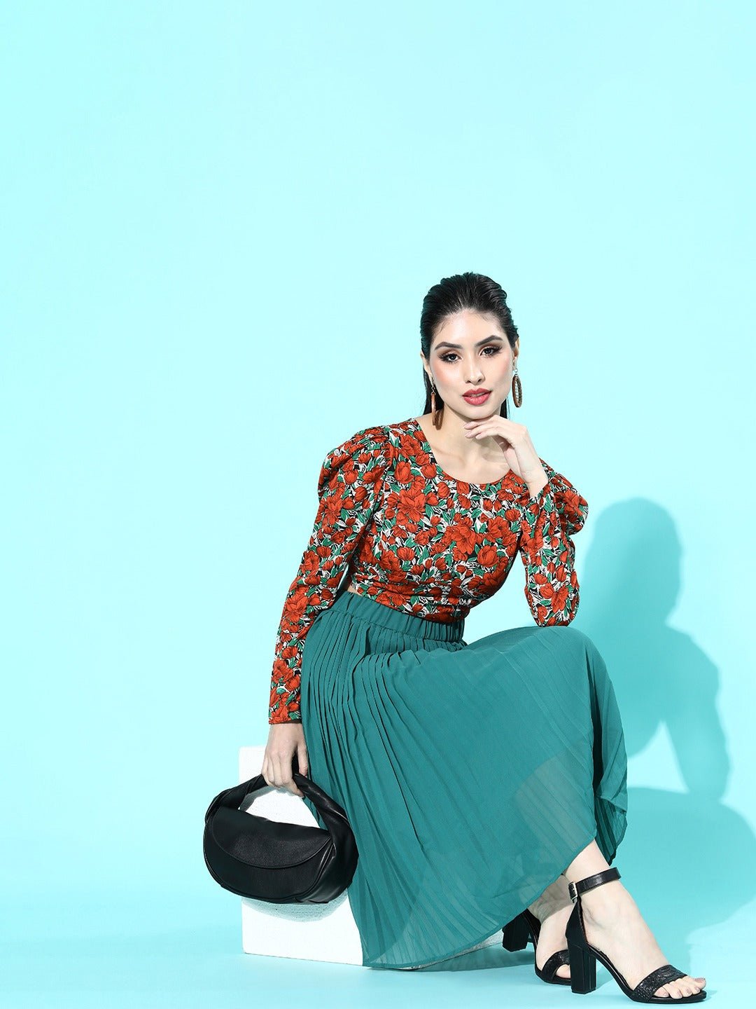 Folk Republic Women Red & Sea Green Floral Printed Round-Neck Styled Back Crop Top - #folk republic#