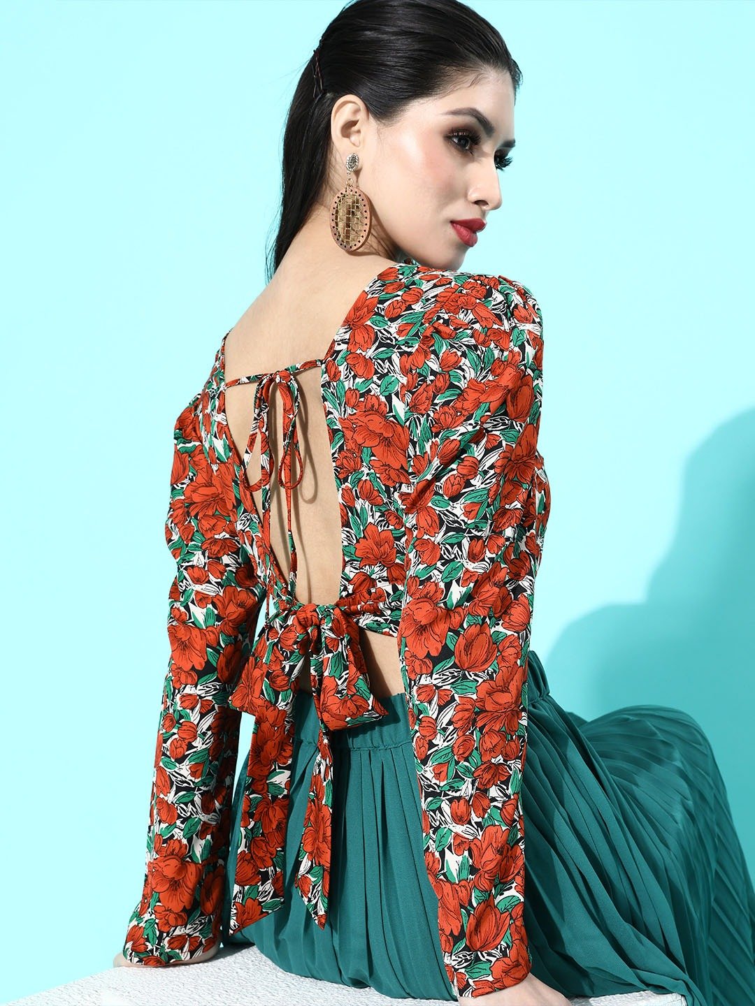 Folk Republic Women Red & Sea Green Floral Printed Round-Neck Styled Back Crop Top - #folk republic#
