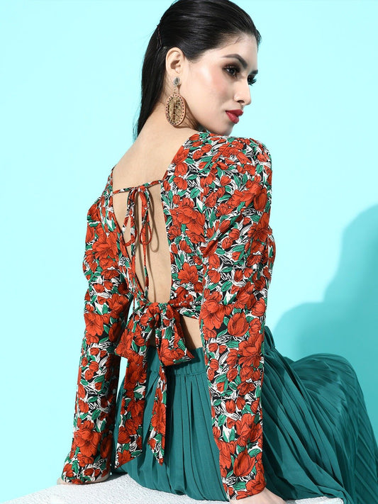 Folk Republic Women Red & Sea Green Floral Printed Round-Neck Styled Back Crop Top - #folk republic#