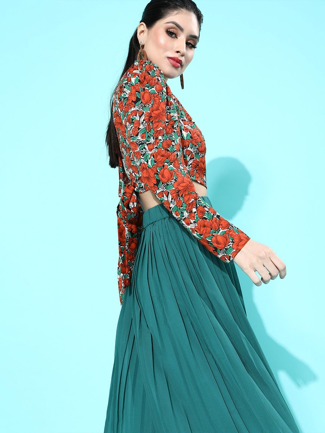 Folk Republic Women Red & Sea Green Floral Printed Round-Neck Styled Back Crop Top - #folk republic#