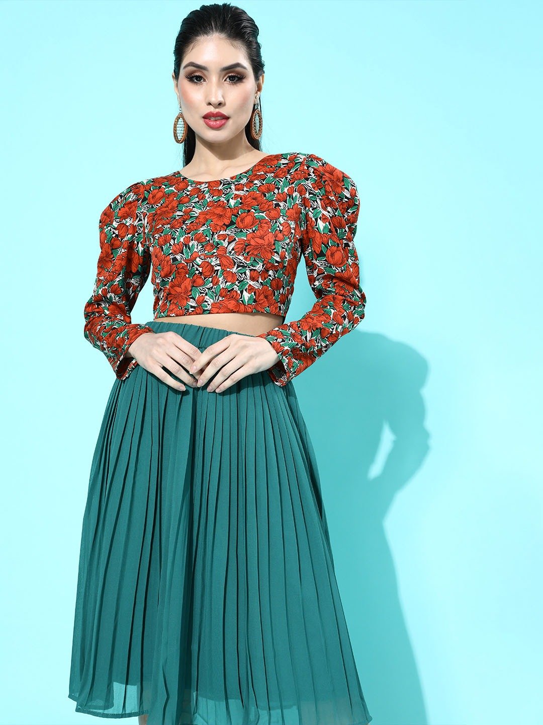 Folk Republic Women Red & Sea Green Floral Printed Round-Neck Styled Back Crop Top - #folk republic#