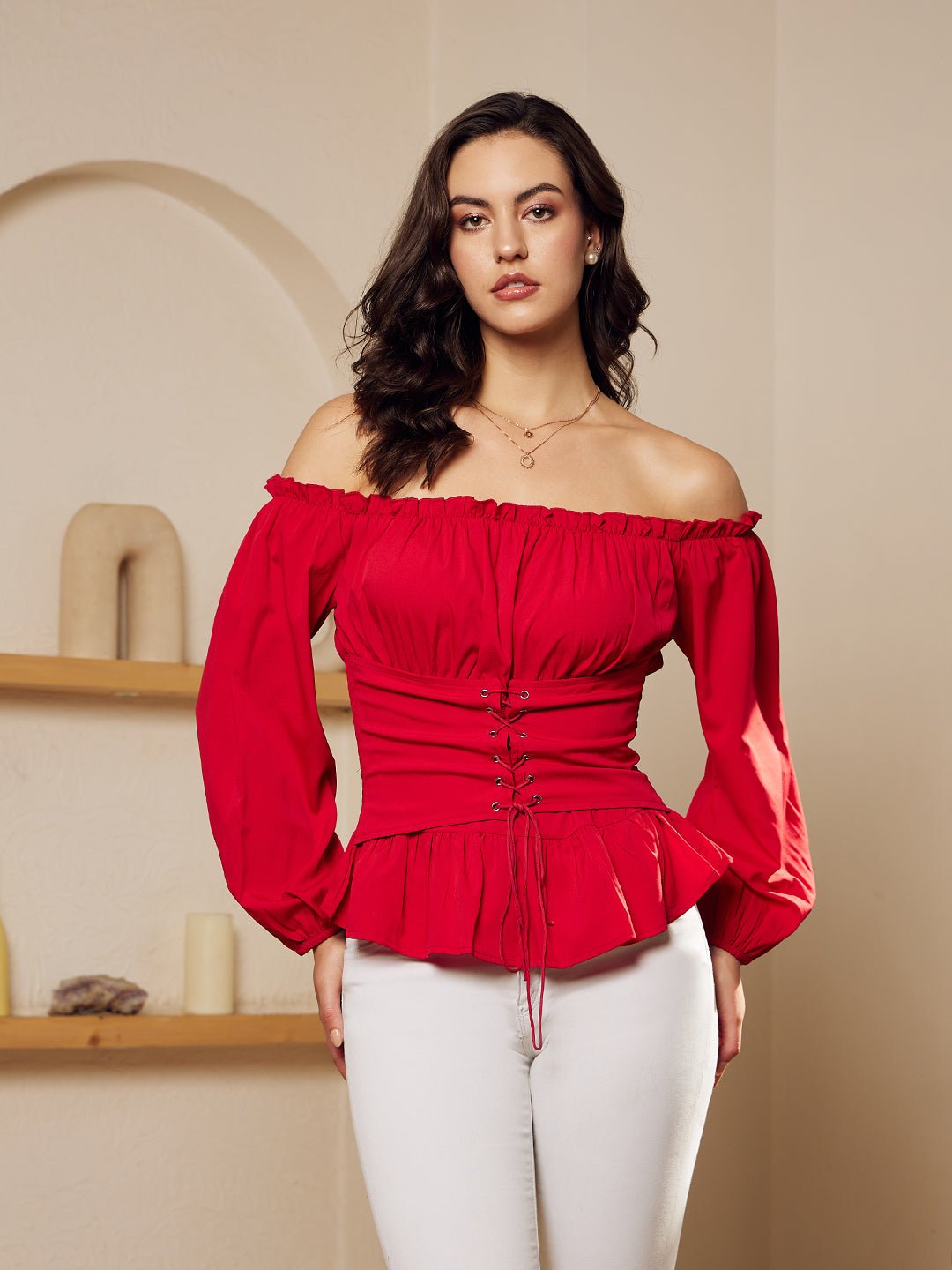 Folk Republic Women Red Solid Off-Shoulder Neck Bishop Sleeves Lace-Up Crepe Smocked Crop Peplum Top - #folk republic#