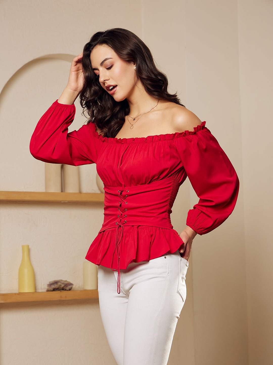 Folk Republic Women Red Solid Off-Shoulder Neck Bishop Sleeves Lace-Up Crepe Smocked Crop Peplum Top - #folk republic#