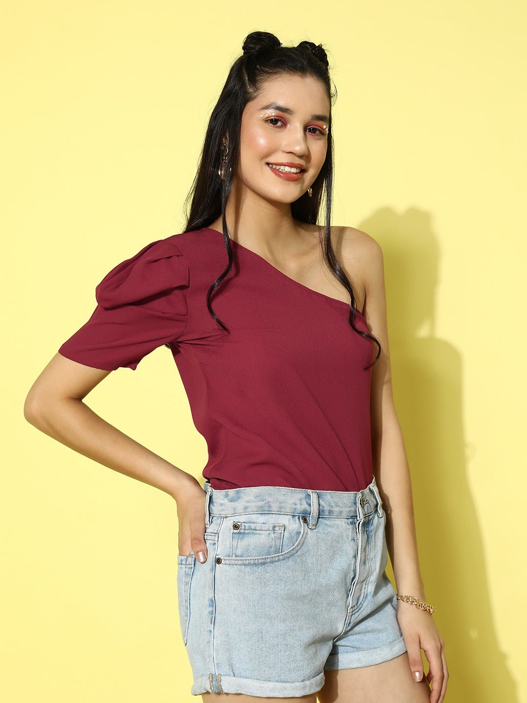 Folk Republic Women Red Solid One Shoulder Puff Sleeve Regular Top - #folk republic#