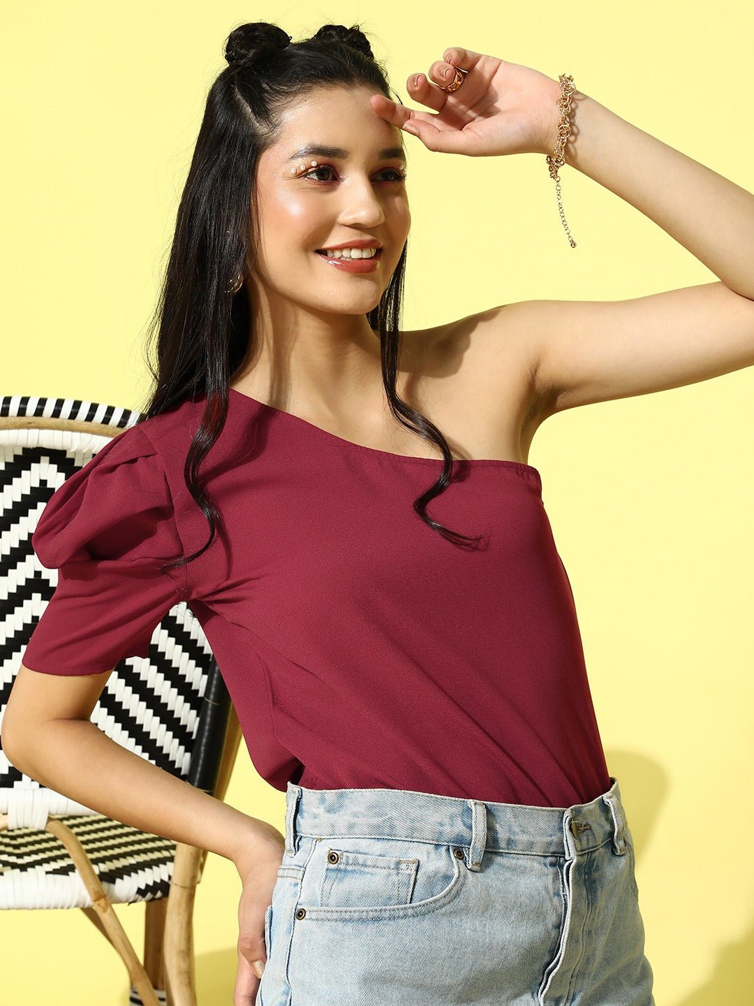 Folk Republic Women Red Solid One Shoulder Puff Sleeve Regular Top - #folk republic#