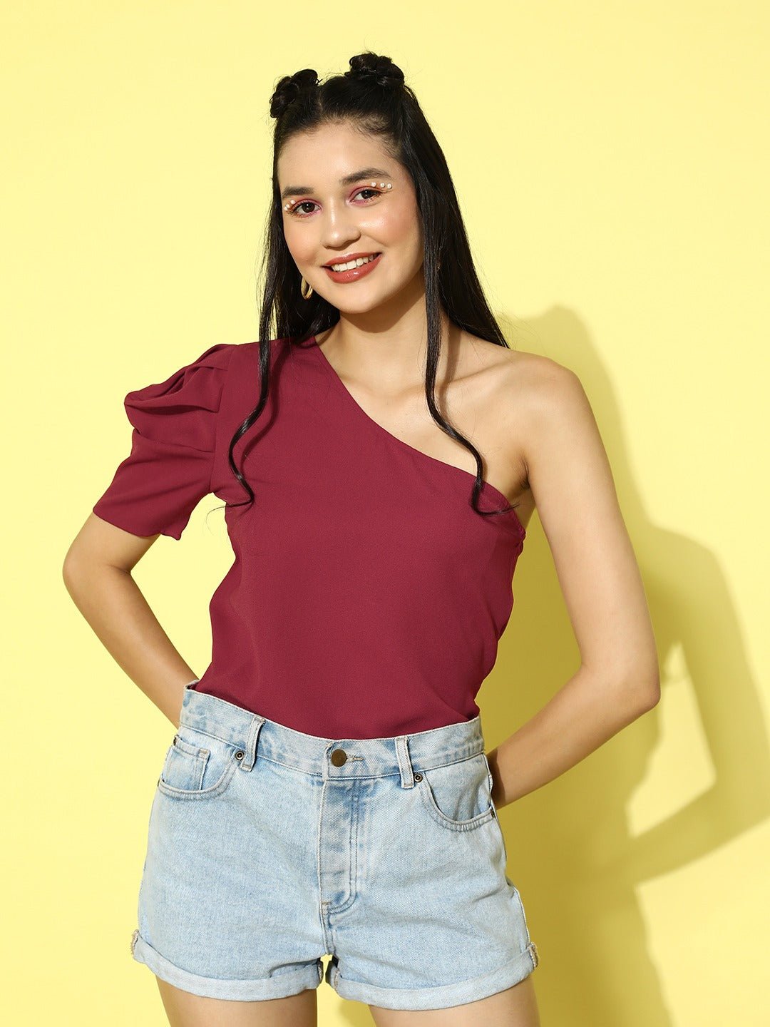 Folk Republic Women Red Solid One Shoulder Puff Sleeve Regular Top - #folk republic#