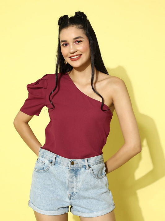 Folk Republic Women Red Solid One Shoulder Puff Sleeve Regular Top - #folk republic#