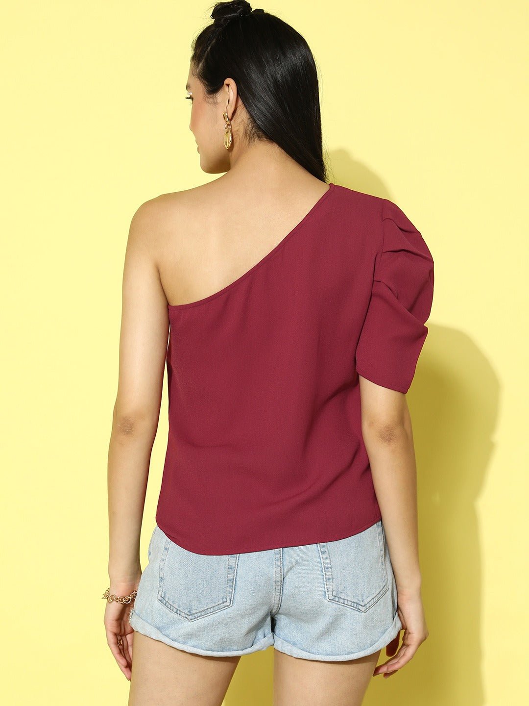 Folk Republic Women Red Solid One Shoulder Puff Sleeve Regular Top - #folk republic#