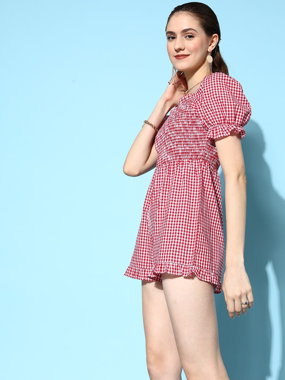 Folk Republic Women Red & White Check Printed Square Neck Cotton Smocked & Gathered Mini Jumpsuit - #folk republic#
