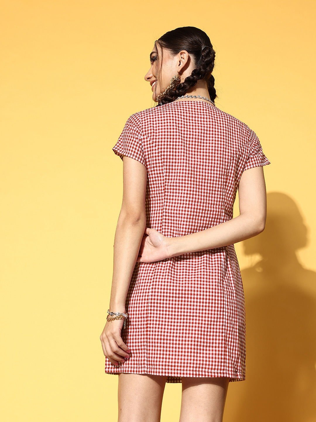 Folk Republic Women Red & White Checked Pattern Front Button-Up Straight Hem Shirt Style Mini Dress - #folk republic#