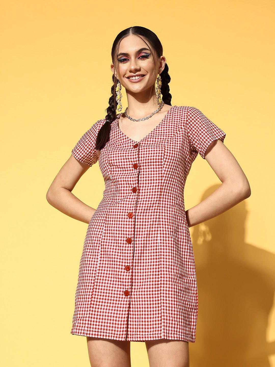 Folk Republic Women Red & White Checked Pattern Front Button-Up Straight Hem Shirt Style Mini Dress - #folk republic#