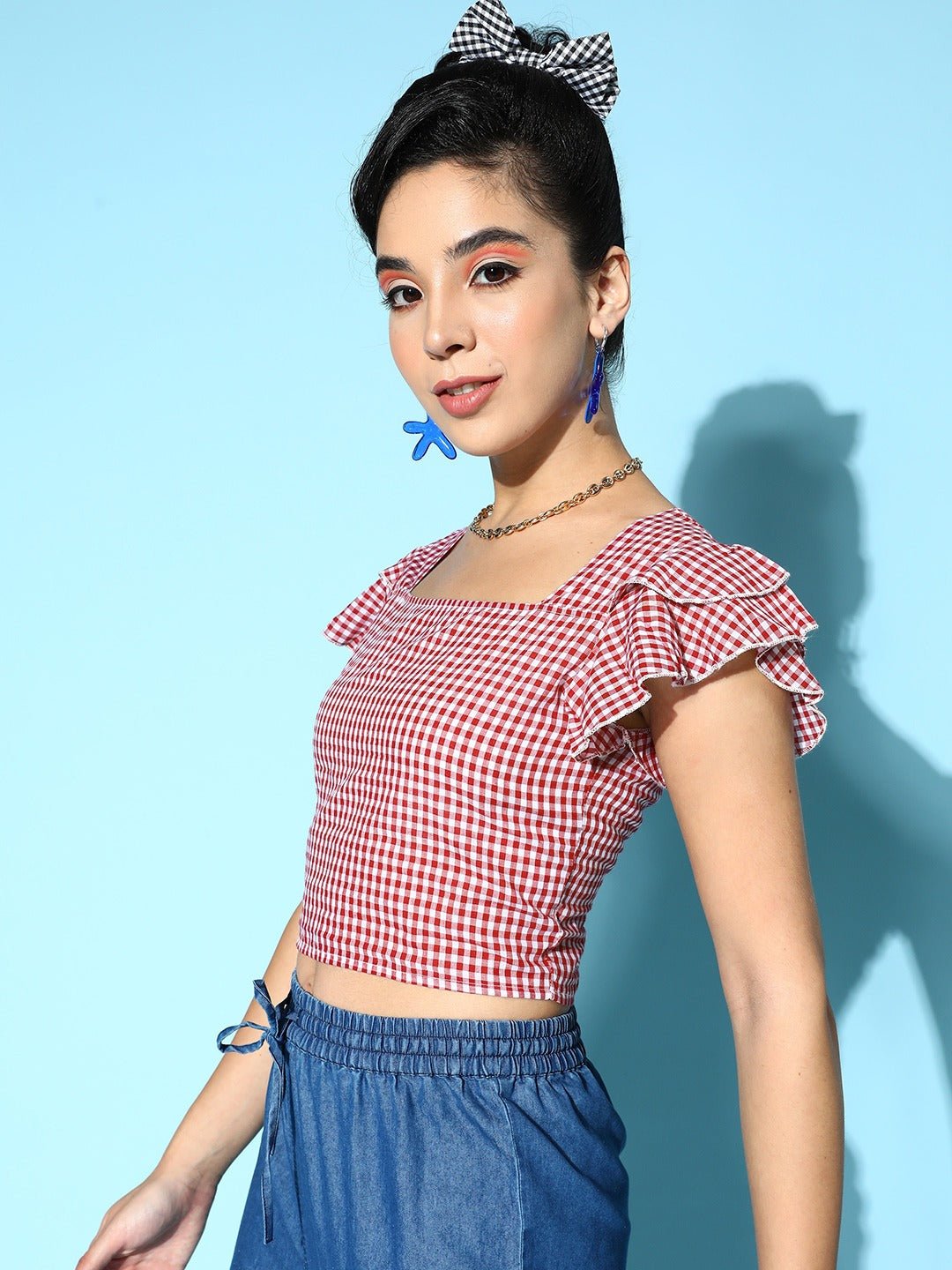 Folk Republic Women Red & White Checked Pattern Square Neck Cotton Ruffled Crop Top - #folk republic#
