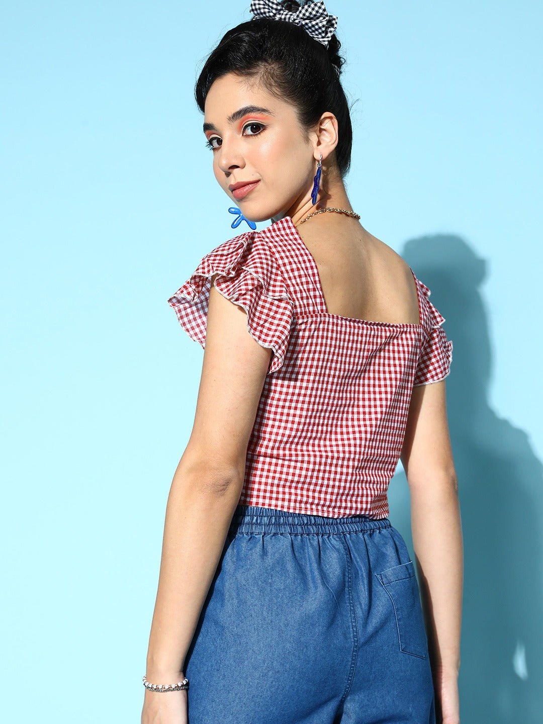 Folk Republic Women Red & White Checked Pattern Square Neck Cotton Ruffled Crop Top - #folk republic#