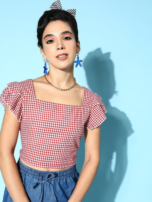 Folk Republic Women Red & White Checked Pattern Square Neck Cotton Ruffled Crop Top - #folk republic#