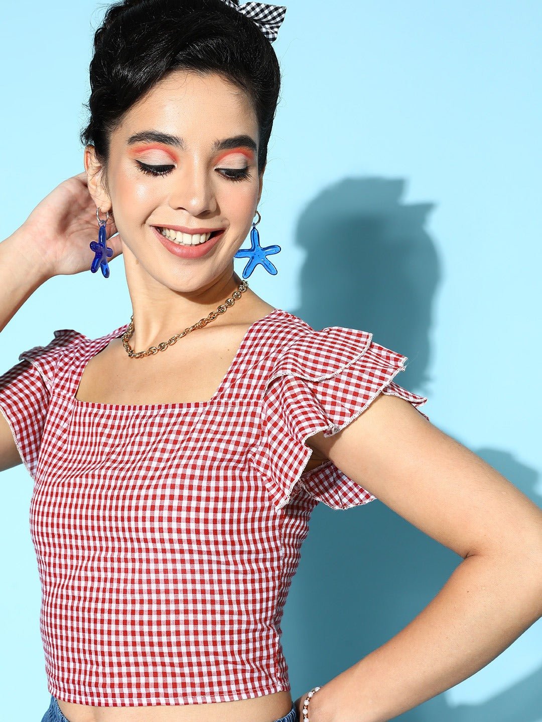 Folk Republic Women Red & White Checked Pattern Square Neck Cotton Ruffled Crop Top - #folk republic#