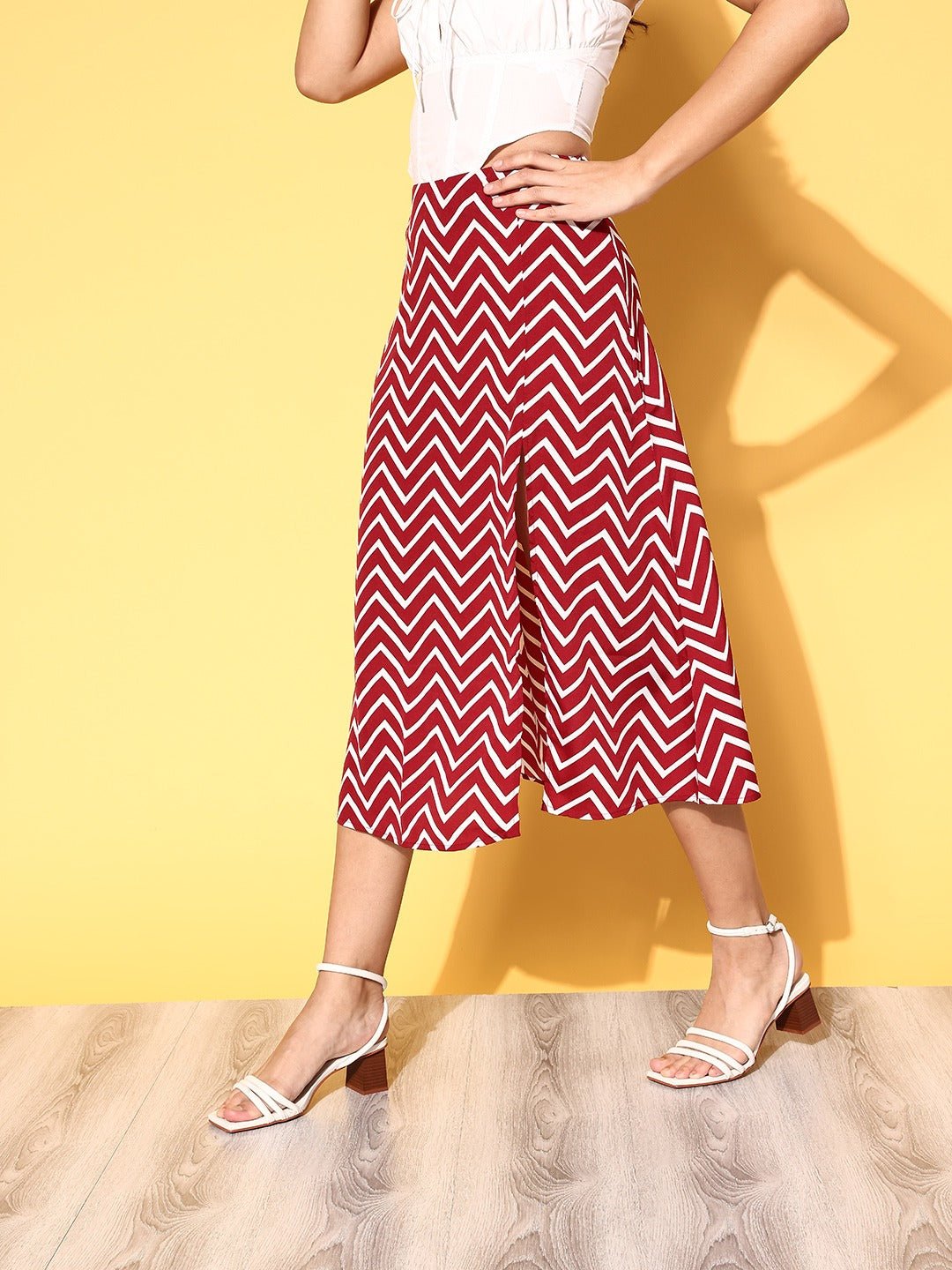 Folk Republic Women Red & White Chevron Printed Thigh-High Slit Flared A-Line Midi Skirt - #folk republic#