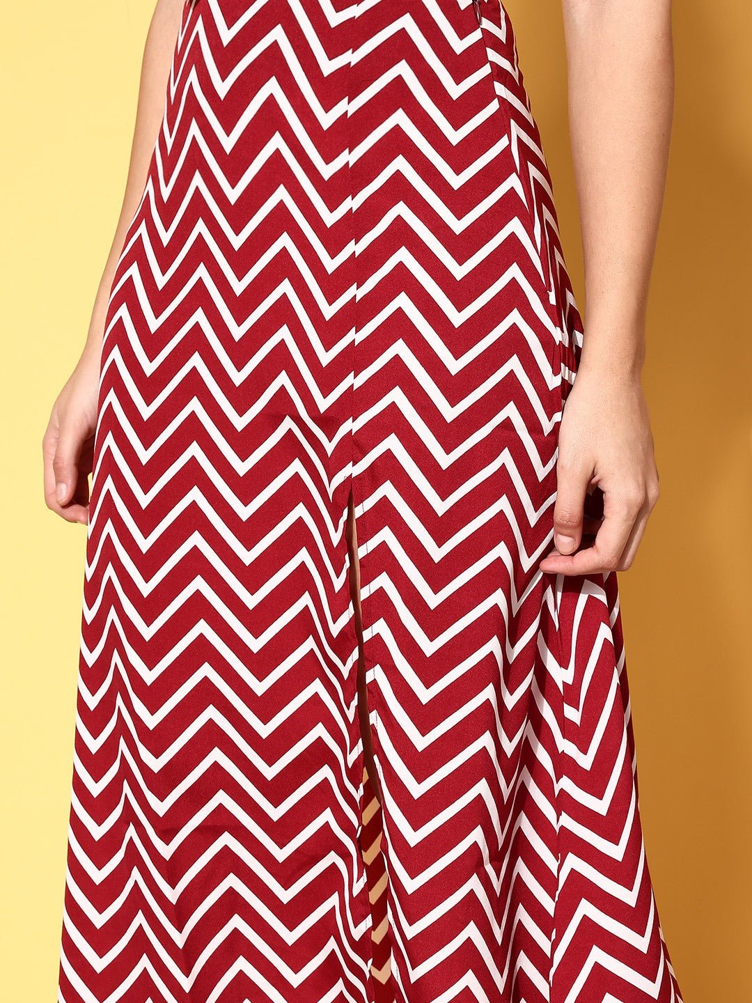 Folk Republic Women Red & White Chevron Printed Thigh-High Slit Flared A-Line Midi Skirt - #folk republic#
