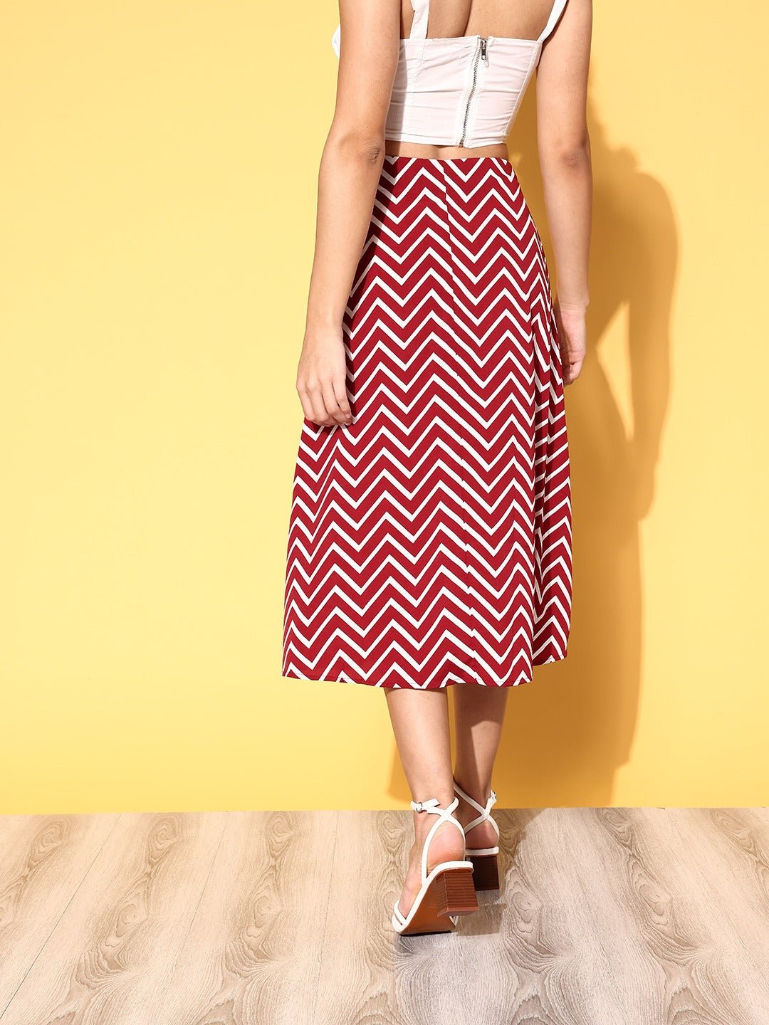 Folk Republic Women Red & White Chevron Printed Thigh-High Slit Flared A-Line Midi Skirt - #folk republic#