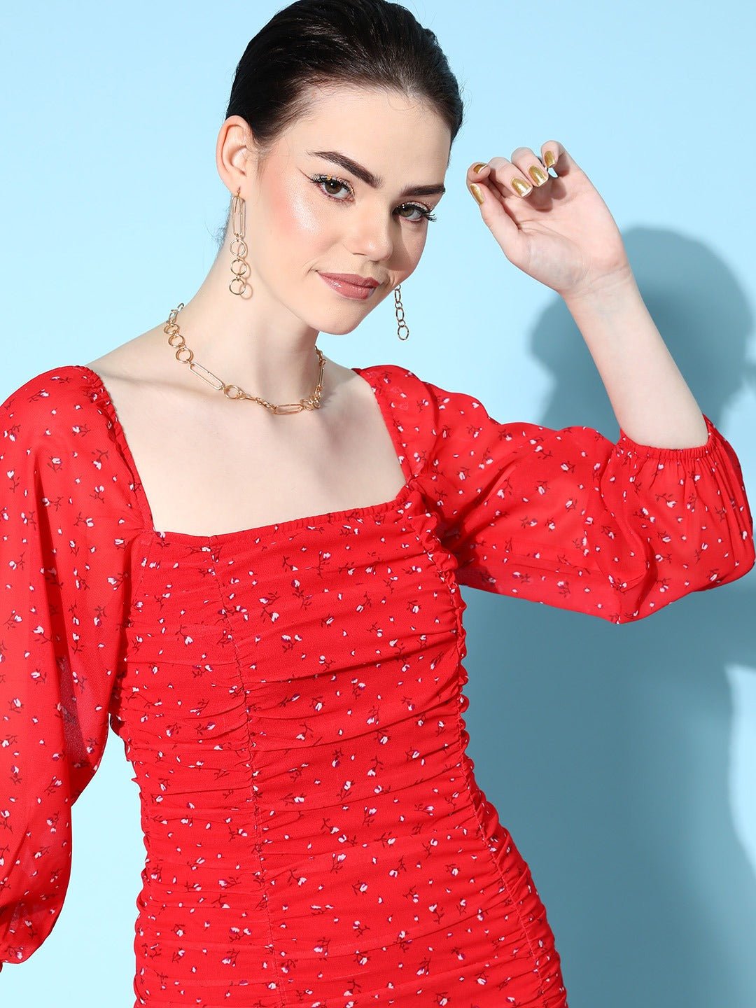 Folk Republic Women Red & White Ditsy Floral Printed Square Neck Georgette Ruched Bodycon Mini Dress - #folk republic#