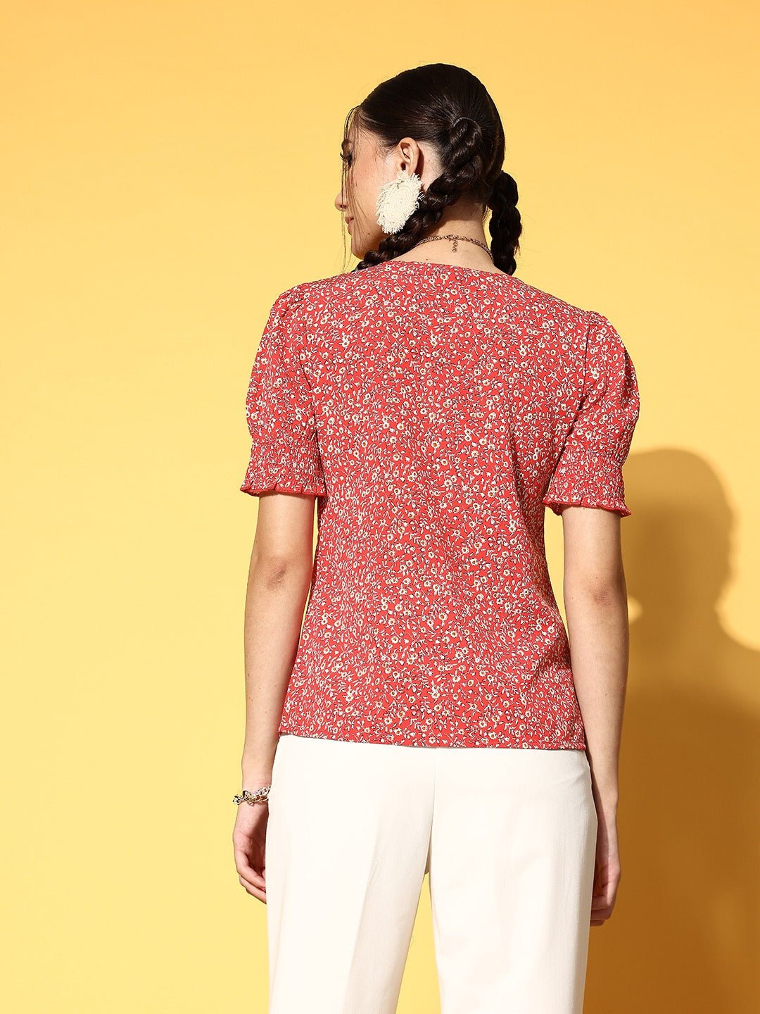 Folk Republic Women Red & White Ditsy Floral Printed V-Neck Front Button-Up Crepe Smocked Top - #folk republic#
