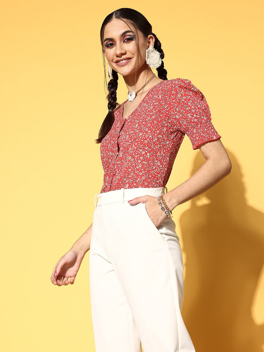 Folk Republic Women Red & White Ditsy Floral Printed V-Neck Front Button-Up Crepe Smocked Top - #folk republic#