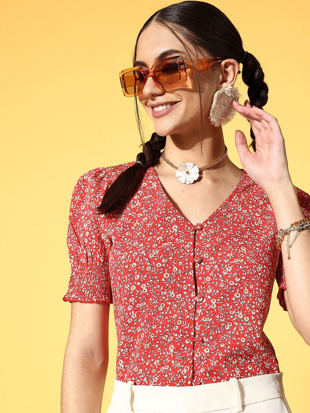 Folk Republic Women Red & White Ditsy Floral Printed V-Neck Front Button-Up Crepe Smocked Top - #folk republic#