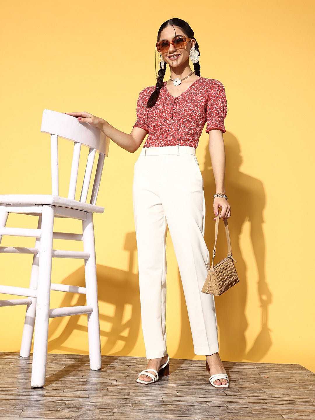 Folk Republic Women Red & White Ditsy Floral Printed V-Neck Front Button-Up Crepe Smocked Top - #folk republic#