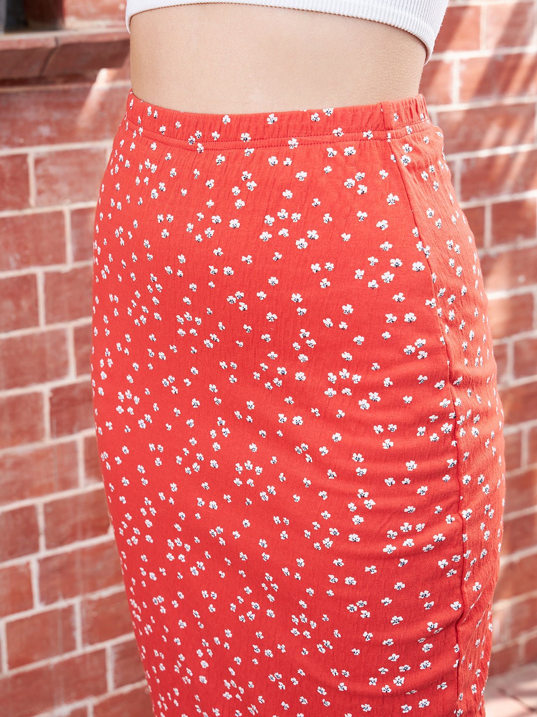 Folk Republic Women Red & White Floral Printed Elastic Waist Jacquard Straight Hem Pencil Midi Skirt - #folk republic#