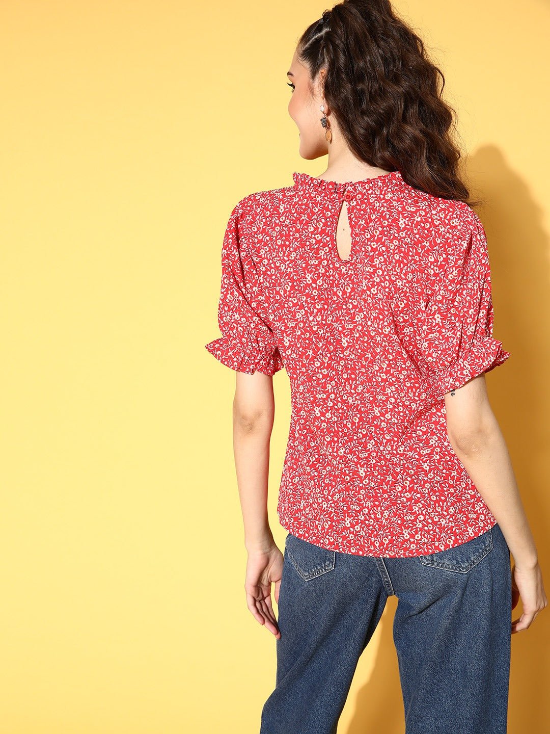 Folk Republic Women Red & White Floral Printed High Neck Keyhole Back Pleated Regular Top - #folk republic#