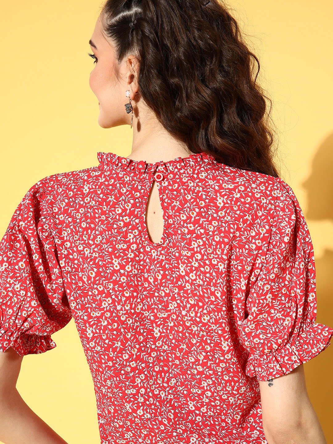 Folk Republic Women Red & White Floral Printed High Neck Keyhole Back Pleated Regular Top - #folk republic#