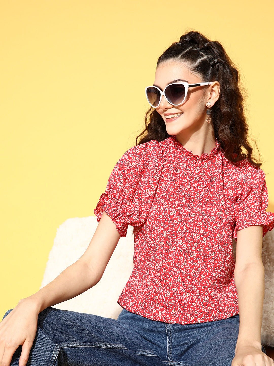 Folk Republic Women Red & White Floral Printed High Neck Keyhole Back Pleated Regular Top - #folk republic#