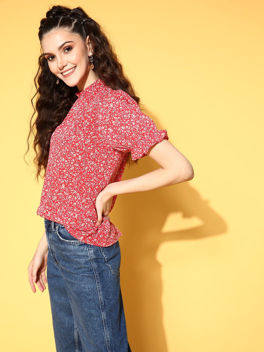Folk Republic Women Red & White Floral Printed High Neck Keyhole Back Pleated Regular Top - #folk republic#