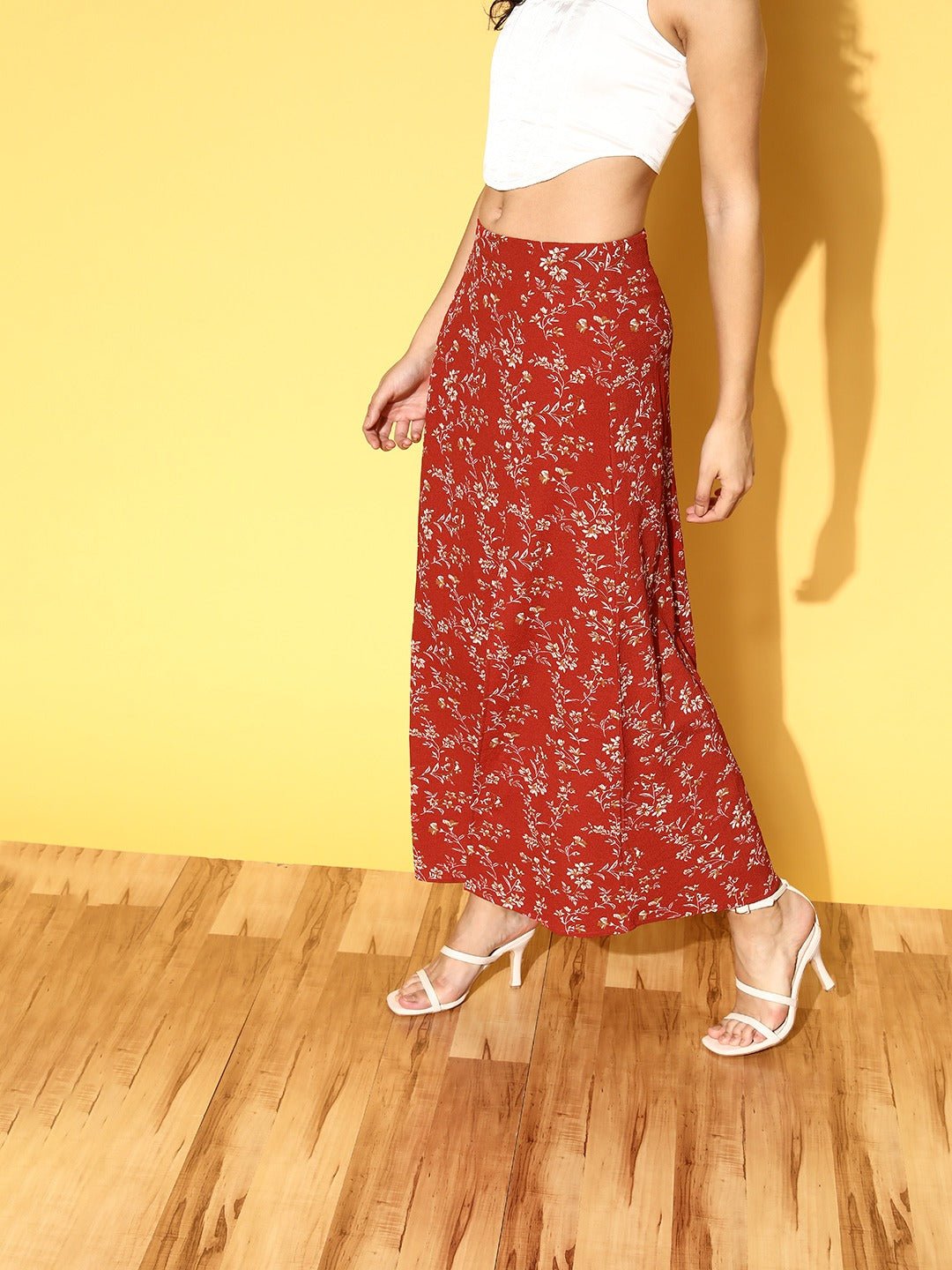 Folk Republic Women Red & White Floral Printed High-Rise Waist Side-Slit Flared A-Line Maxi Skirt - #folk republic#