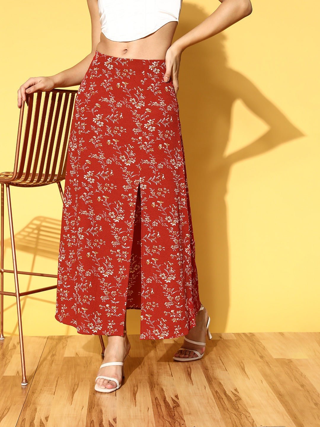 Folk Republic Women Red & White Floral Printed High-Rise Waist Side-Slit Flared A-Line Maxi Skirt - #folk republic#