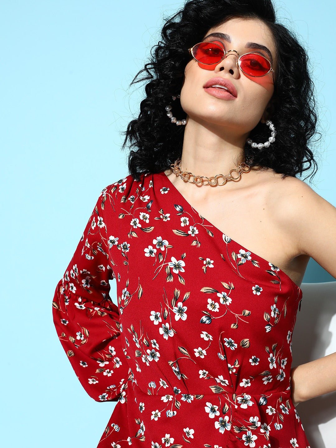 Folk Republic Women Red & White Floral Printed One-Shoulder Neck Tulip Hem Fit & Flare Mini Dress - #folk republic#