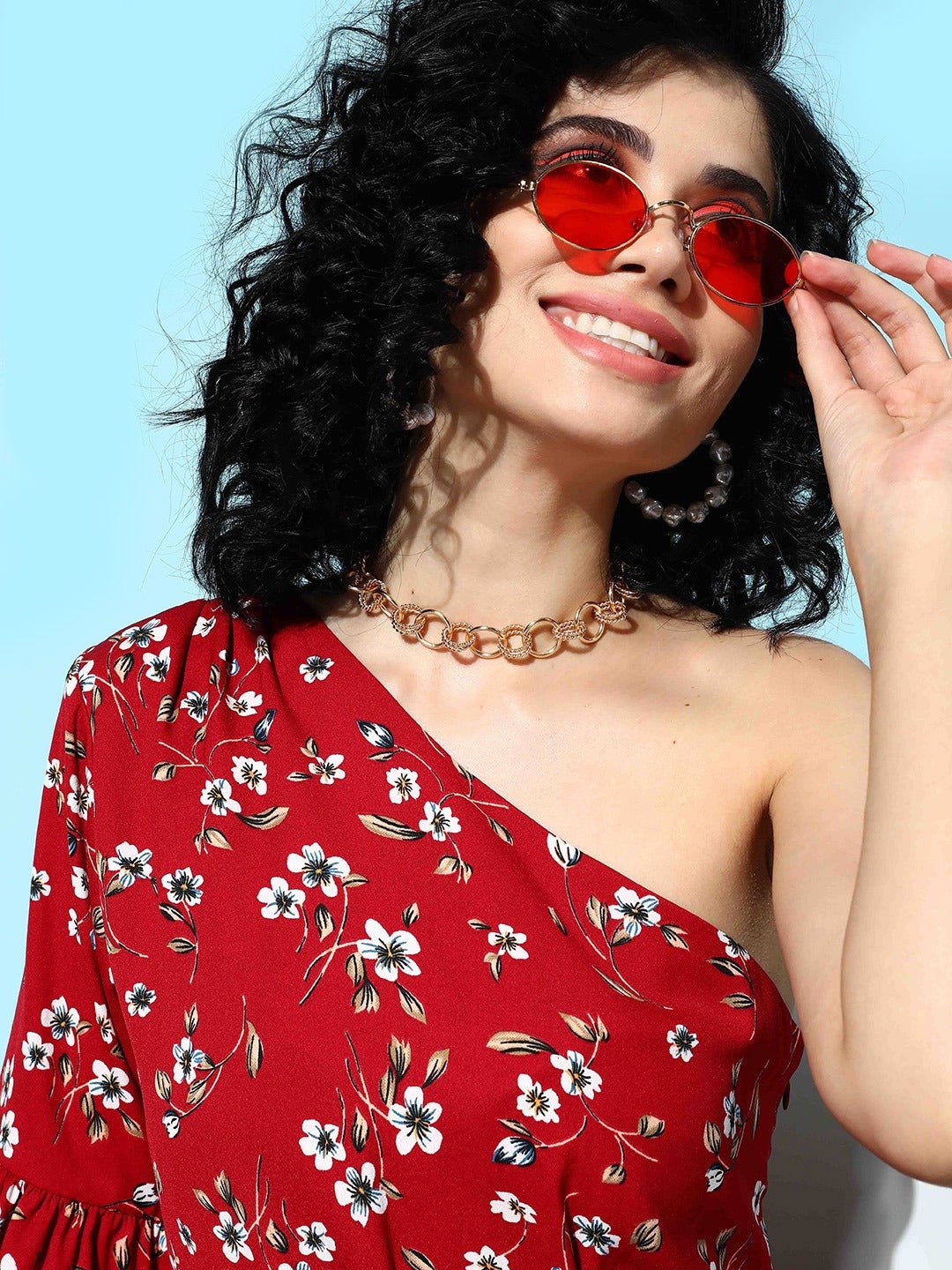 Folk Republic Women Red & White Floral Printed One-Shoulder Neck Tulip Hem Fit & Flare Mini Dress - #folk republic#