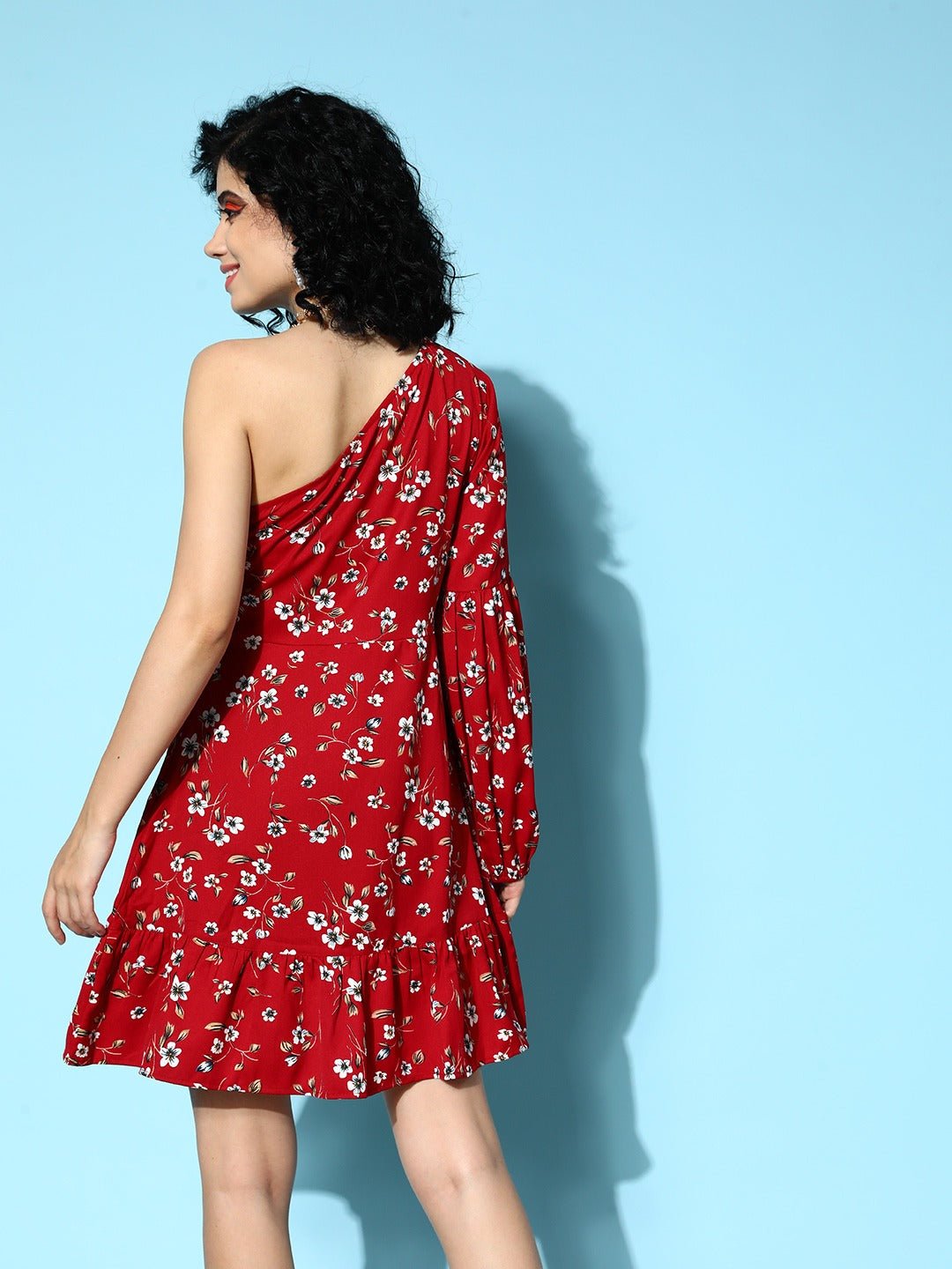Folk Republic Women Red & White Floral Printed One-Shoulder Neck Tulip Hem Fit & Flare Mini Dress - #folk republic#