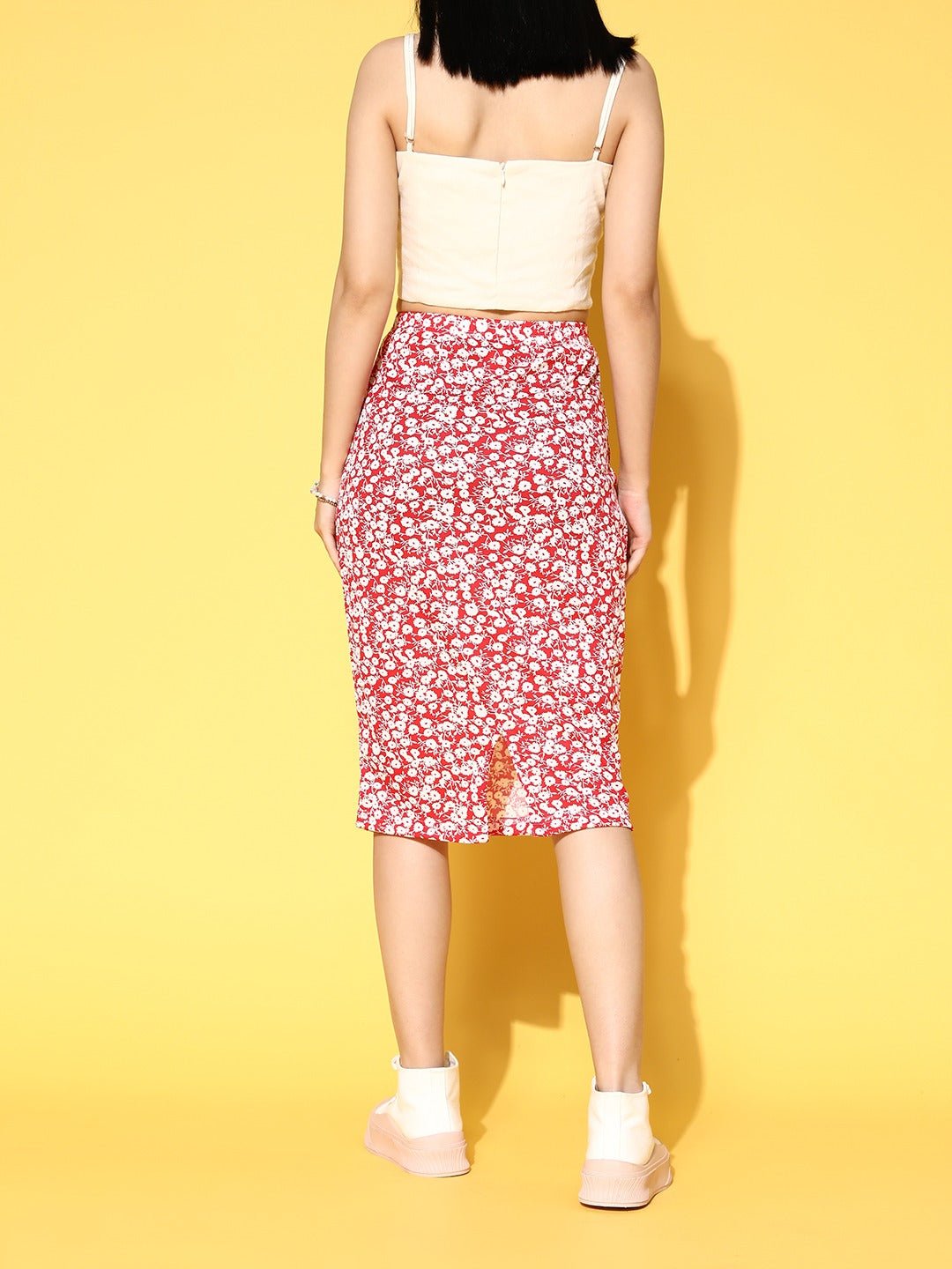 Folk Republic Women Red & White Floral Printed Slip-On Straight Hem Pencil Midi Skirt - #folk republic#