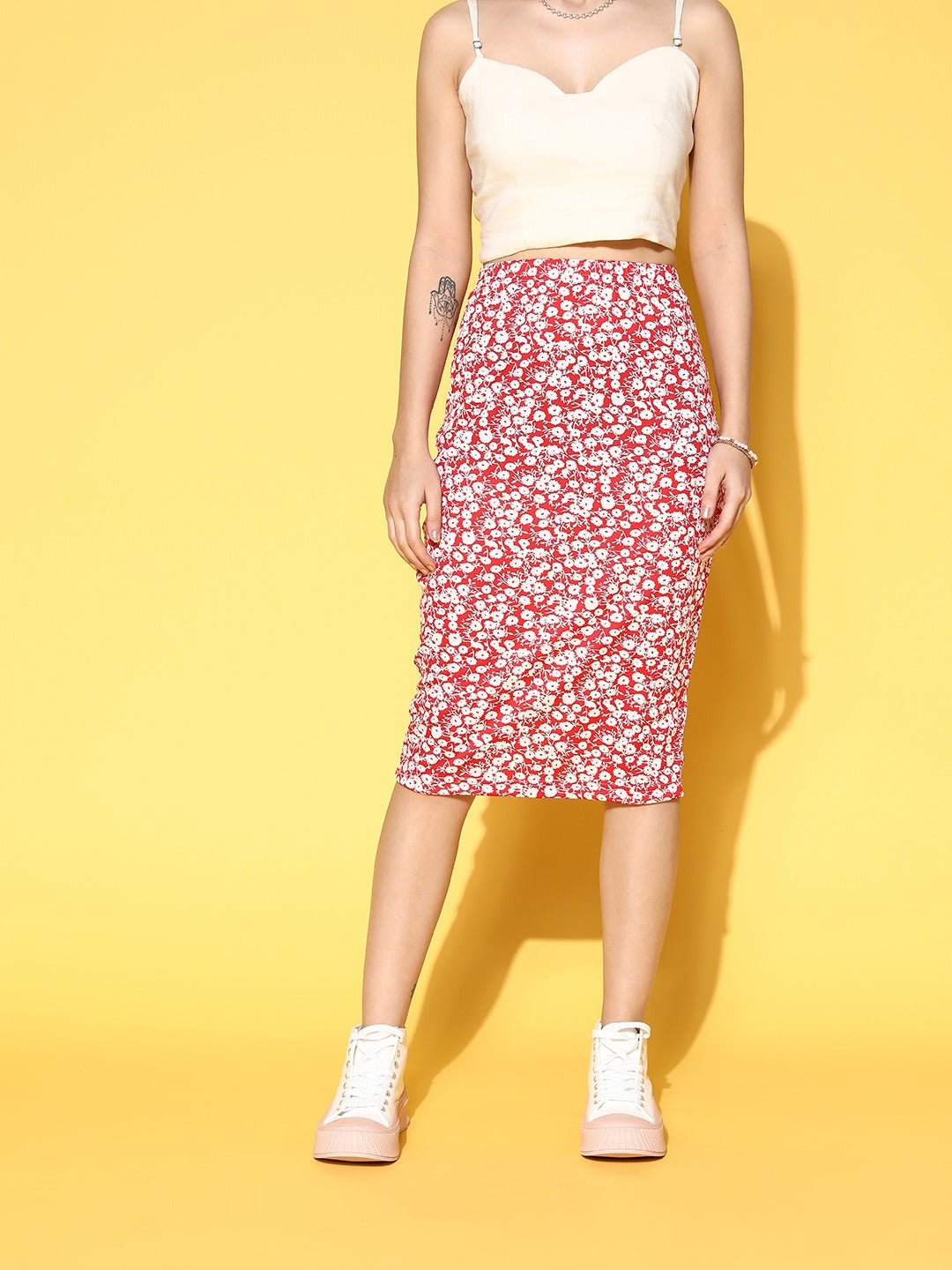 Folk Republic Women Red & White Floral Printed Slip-On Straight Hem Pencil Midi Skirt - #folk republic#