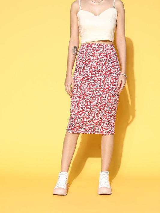 Folk Republic Women Red & White Floral Printed Slip-On Straight Hem Pencil Midi Skirt - #folk republic#