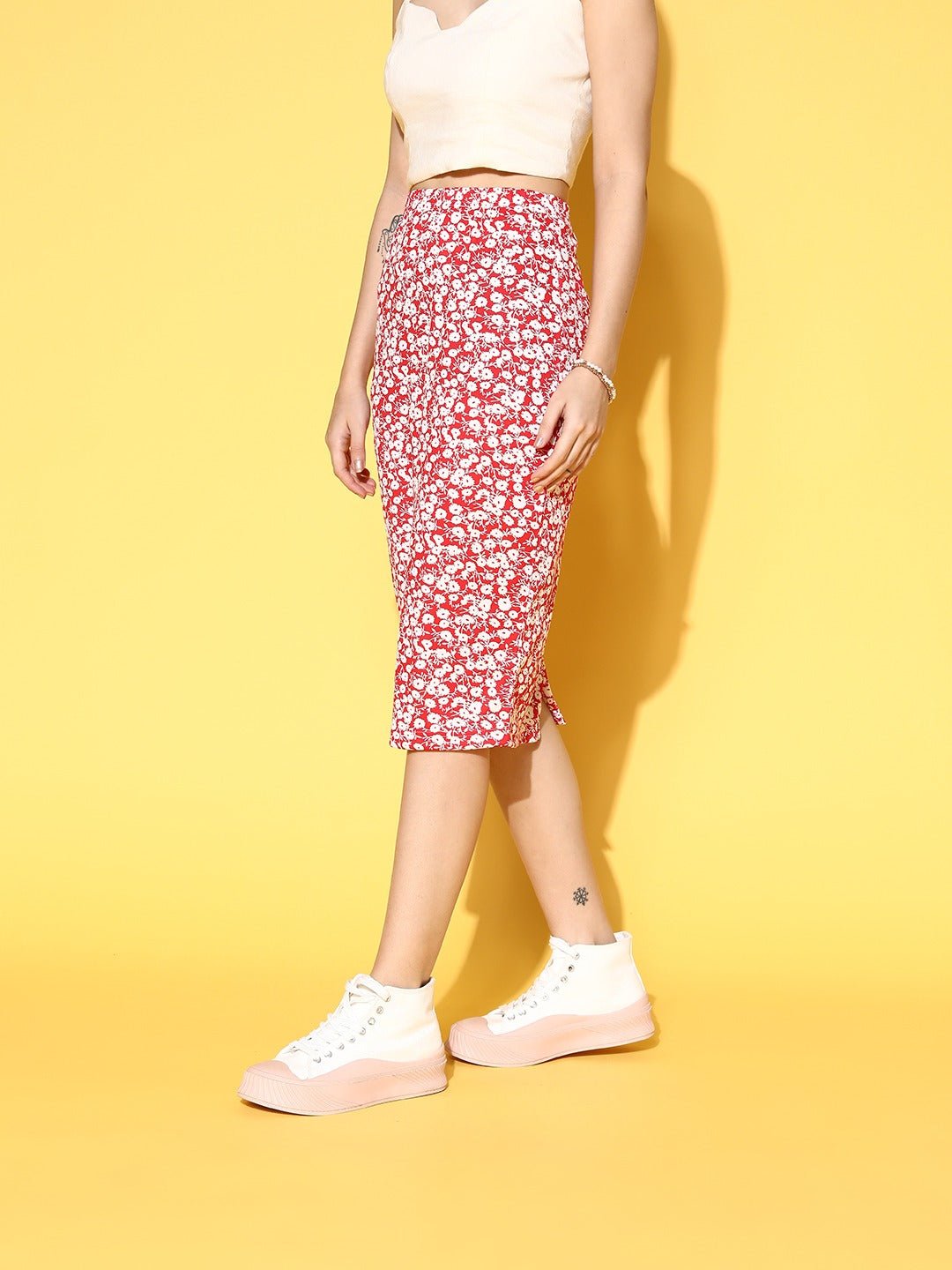 Folk Republic Women Red & White Floral Printed Slip-On Straight Hem Pencil Midi Skirt - #folk republic#