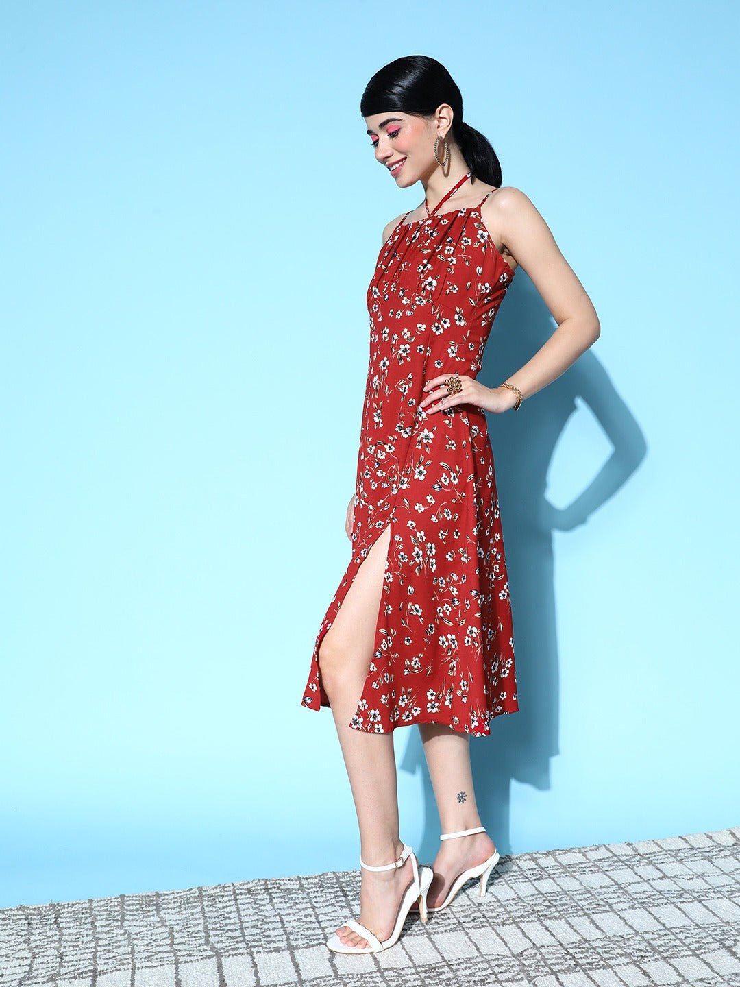 Folk Republic Women Red & White Floral Printed Square Neck Ruched Bust Tie-Up Slit Hem Midi Dress - #folk republic#