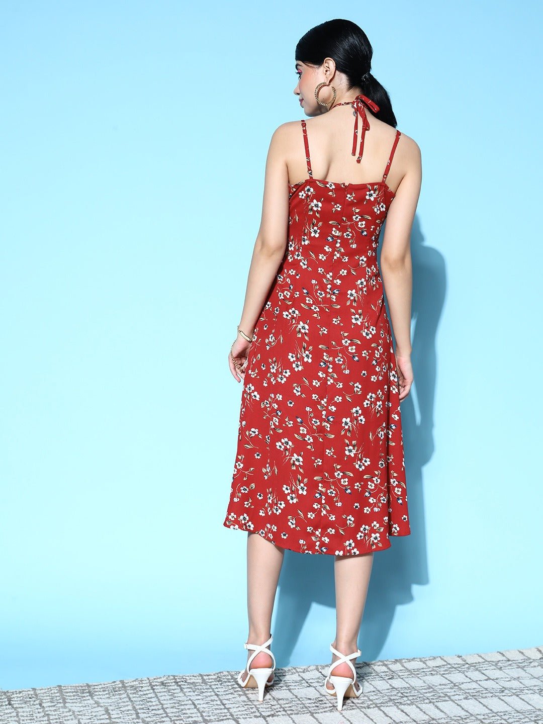 Folk Republic Women Red & White Floral Printed Square Neck Ruched Bust Tie-Up Slit Hem Midi Dress - #folk republic#